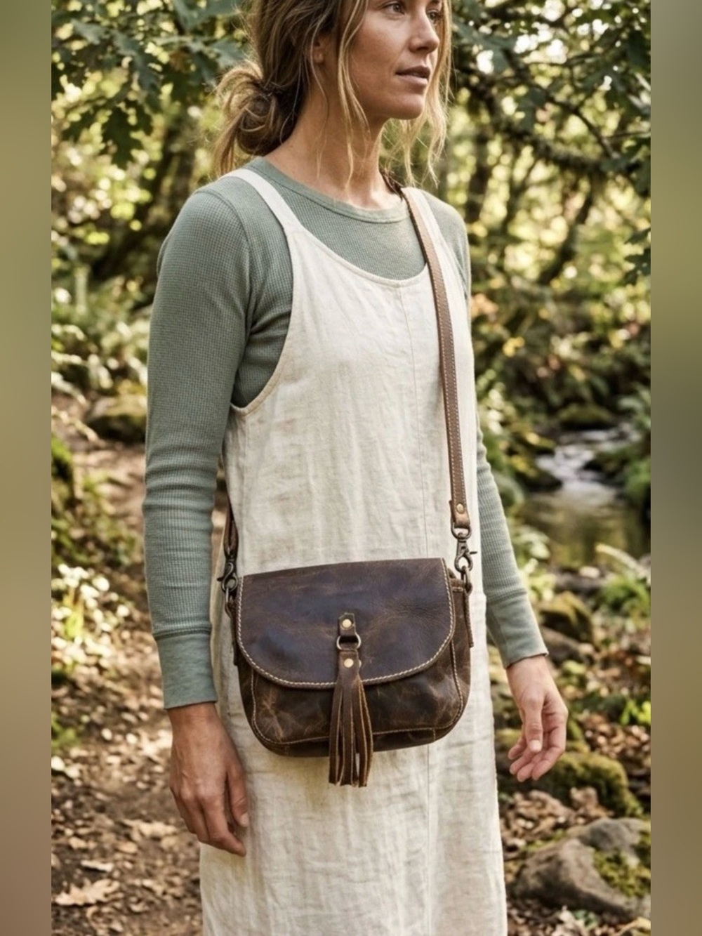 Myra Bag Whispering Woods Brown Distressed Leather Crossbody Fringe Purse EUC